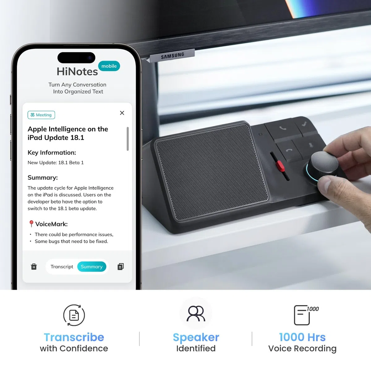 Grabadora de voz H1E AI, grabación de voz de 1000 horas, transcripción y resumen de IA gratuitas, soporta 75 idiomas, más de 20 plantillas, auriculares inalámbricos, marca de voz y estación de