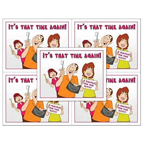 Tarjetas postales para recordatorio láser, recordatorio de citas dentales. 4 tarjetas perforadas para desenganche de 10,16 x 13,97 cm en una hoja de 21,59 x 27,94 cm de 8 piezas de tarjeta Stock.