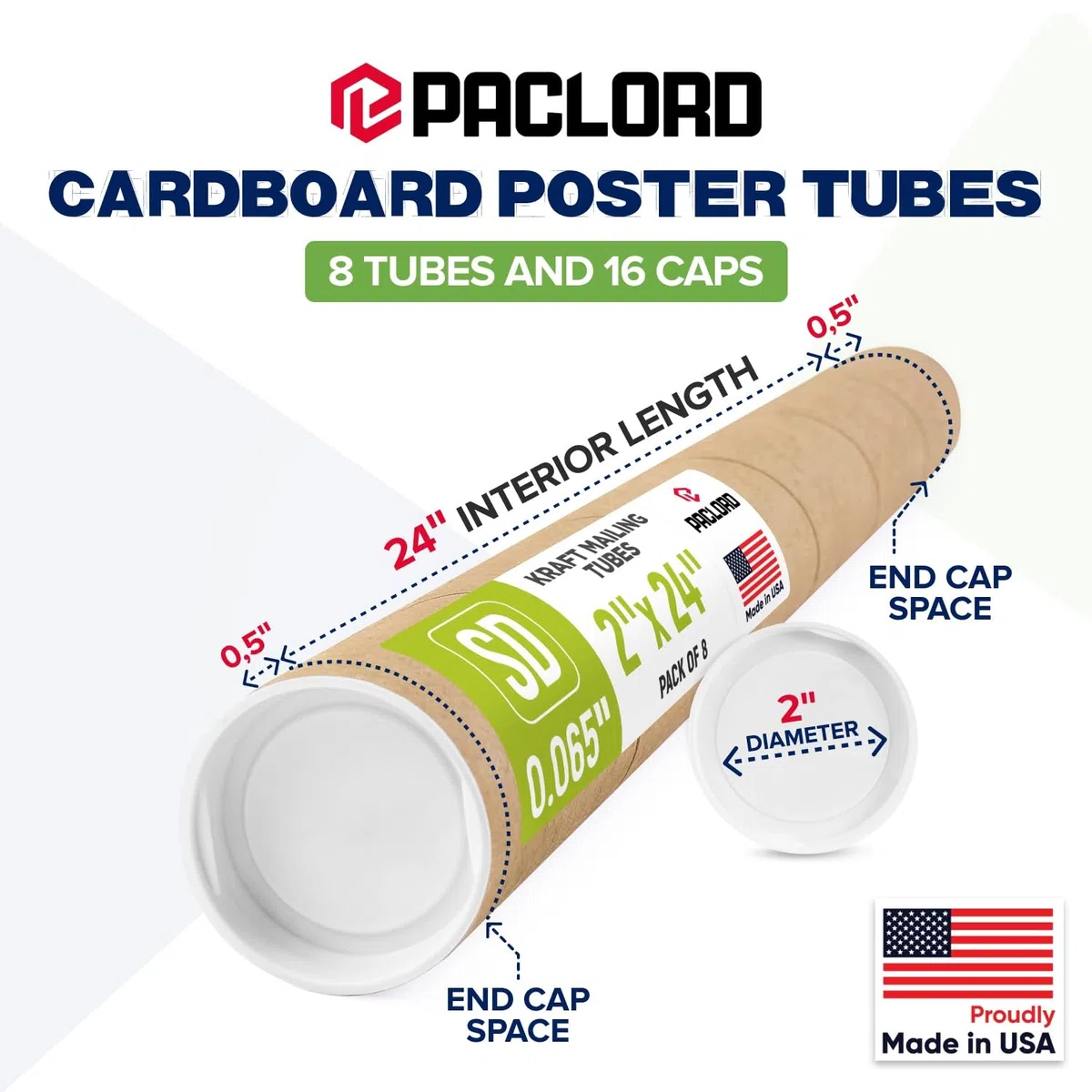 Tubos de correo de papel kraft reforzados de 2 x 24 pulgadas, paquete de 8 tubos con 2 tapas cada uno, tubo de póster aprobado por USPS, tubo de cartón fabricado en Estados Unidos para enviar y
