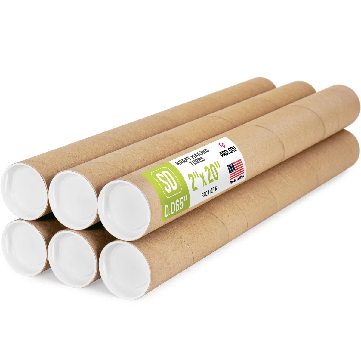 Tubos de correo de papel kraft reforzados de 2 x 20 pulgadas, paquete de 6 tubos con 2 tapas cada uno, tubo de póster aprobado por USPS, tubo de cartón fabricado en Estados Unidos para enviar y