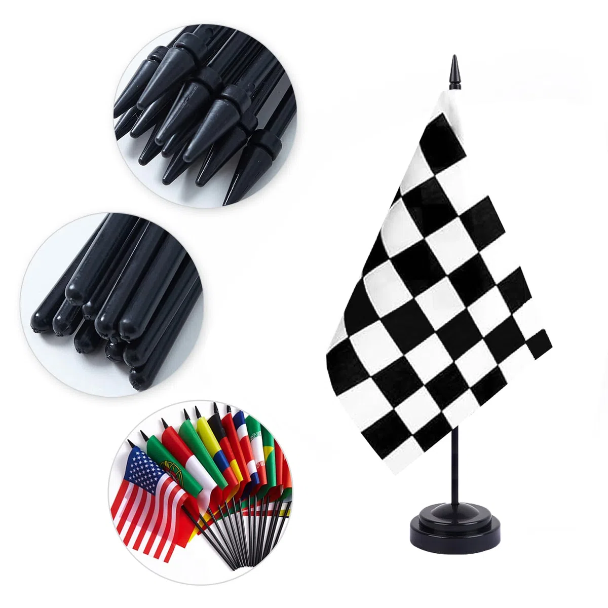 ZXvZYT Juego de banderas de escritorio a cuadros en blanco y negro, pequeñas banderas de mesa de oficina con poste sólido de 12 pulgadas, decoración de base negra (paquete de 12)