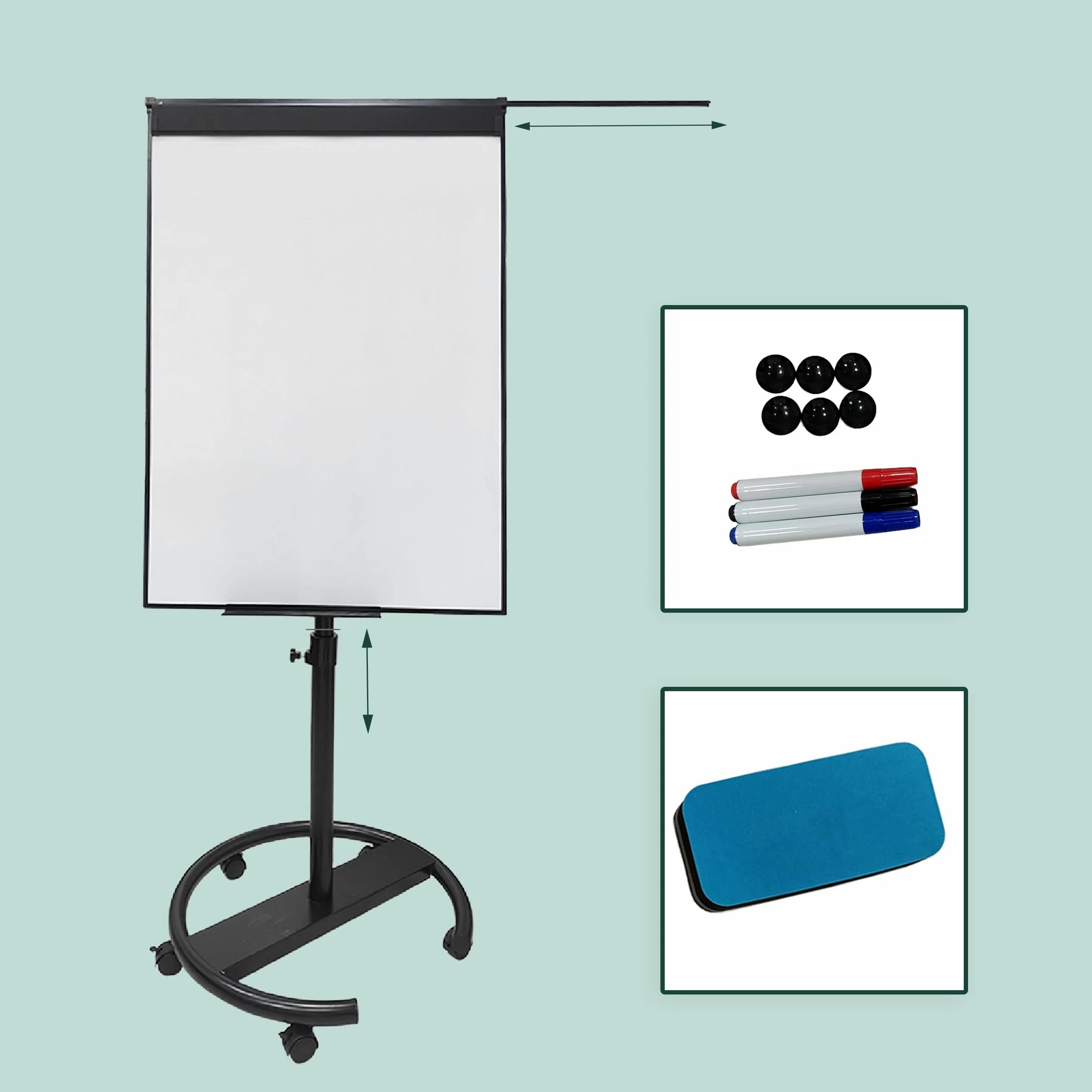 Pizarra blanca Relaxdays, magnética, ajustable en altura, con ruedas, marco de aluminio, 100 x 70 cm