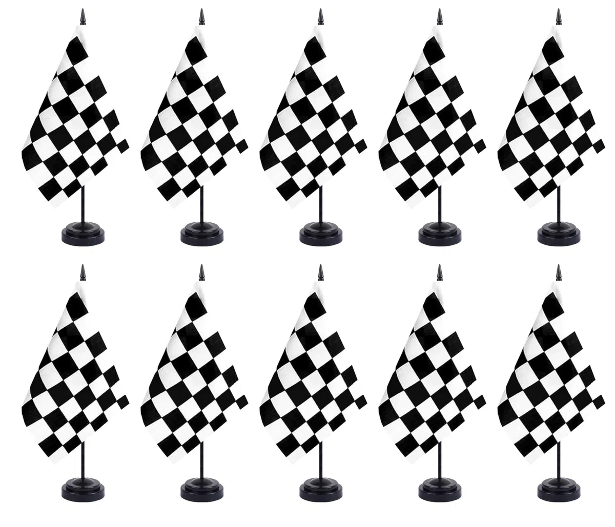 ZXvZYT Juego de banderas de escritorio a cuadros en blanco y negro, pequeñas banderas de mesa de oficina con poste sólido de 12 pulgadas, decoración de base negra (paquete de 12)