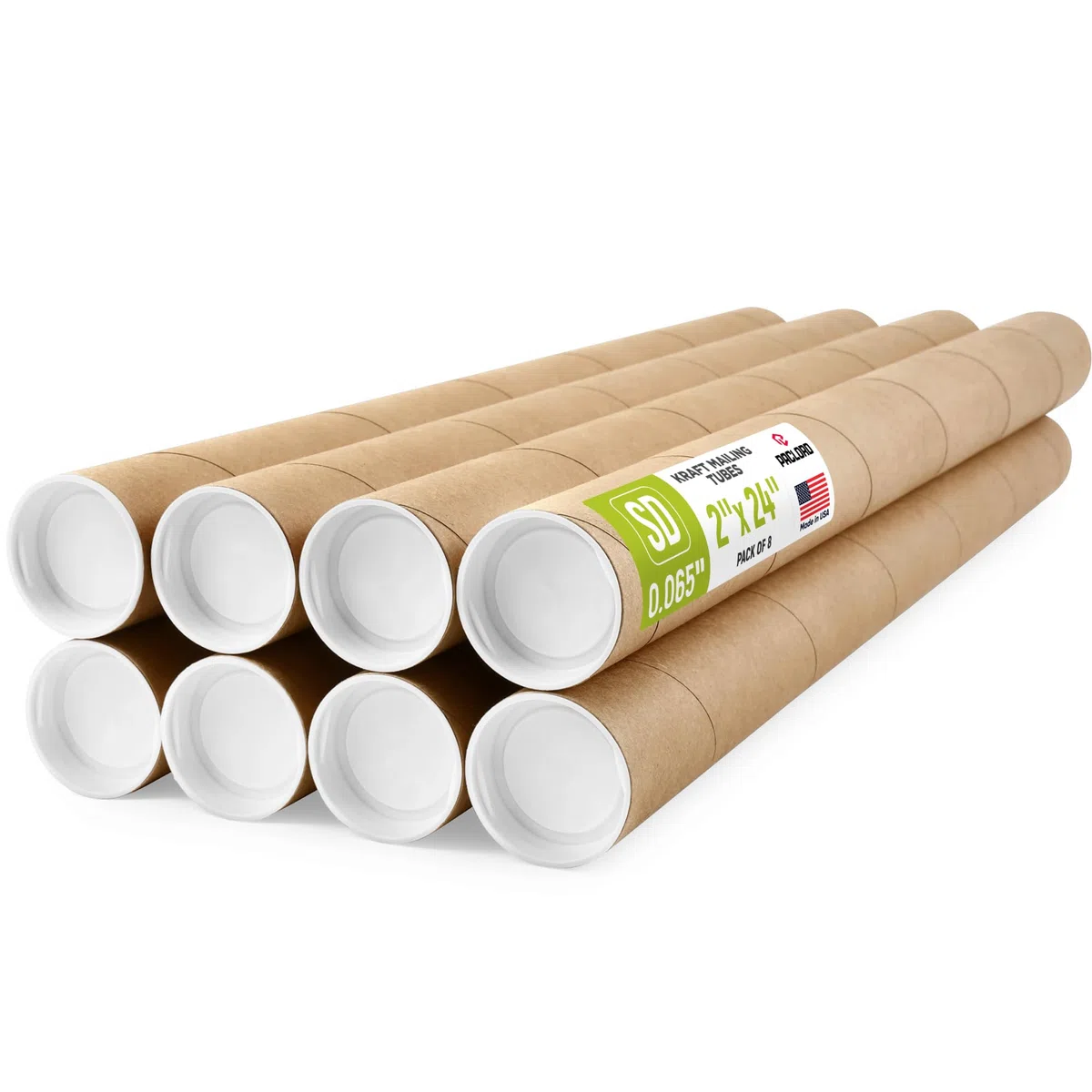 Tubos de correo de papel kraft reforzados de 2 x 24 pulgadas, paquete de 8 tubos con 2 tapas cada uno, tubo de póster aprobado por USPS, tubo de cartón fabricado en Estados Unidos para enviar y