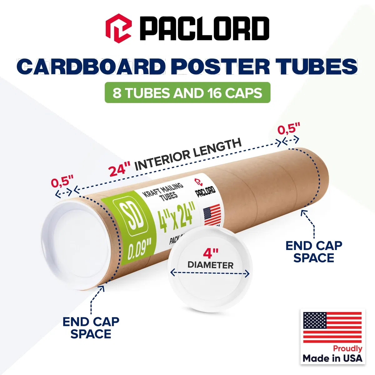 Tubos de correo de papel kraft reforzados de 4 x 24 pulgadas, paquete de 8 tubos con 2 tapas cada uno, tubo de póster aprobado por USPS, tubo de cartón fabricado en Estados Unidos para enviar y