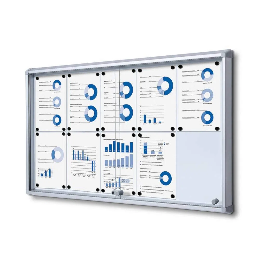 Tablero de anuncios con cerradura para interior con puertas correderas (parte trasera de metal, 10 x A4)
